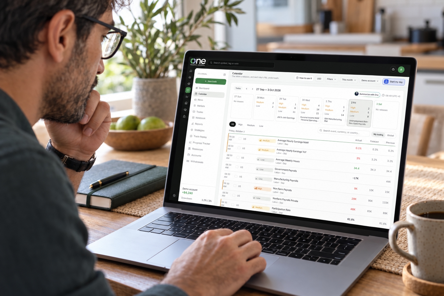 Persona usando Calendario en One Trading Journal
