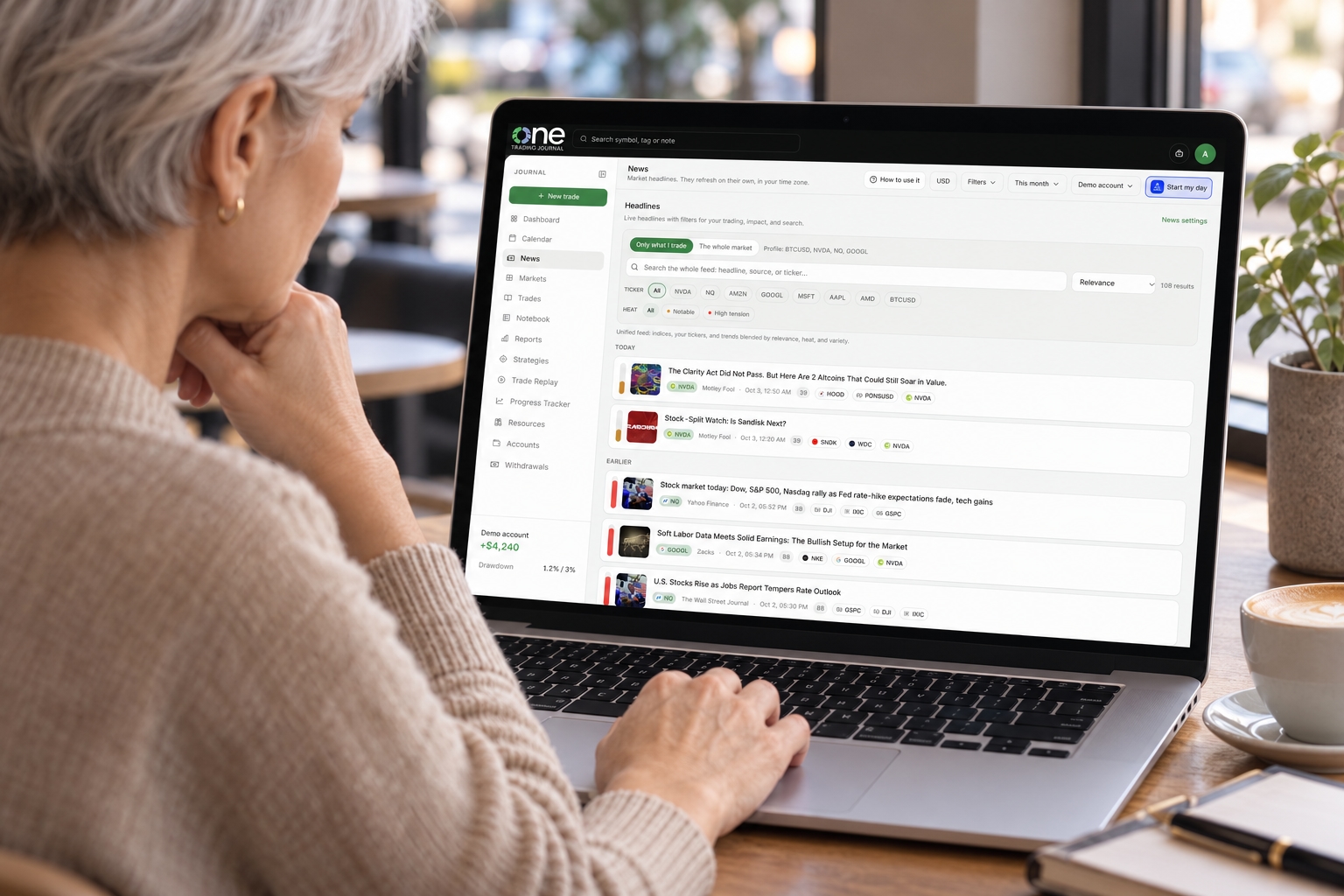 Persona usando Noticias en One Trading Journal