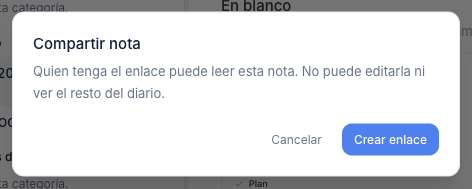 Cuadro Compartir nota, con el botón Crear enlace