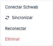 Menú de la cuenta: conectar Schwab, sincronizar y reconectar