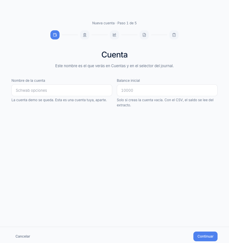 Asistente de cuenta nueva, en el paso del nombre y el balance inicial