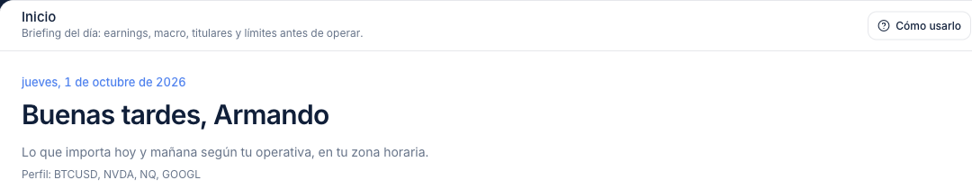 Inicio del día con la fecha, el saludo y el perfil de símbolos