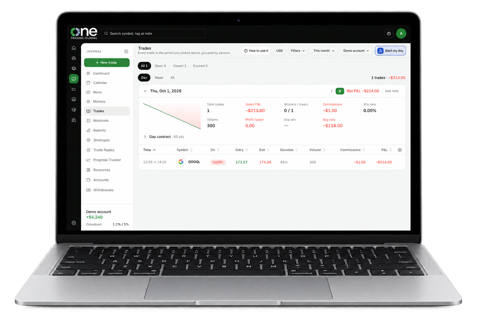 Portátil realista con el registro de operaciones de One Trading Journal